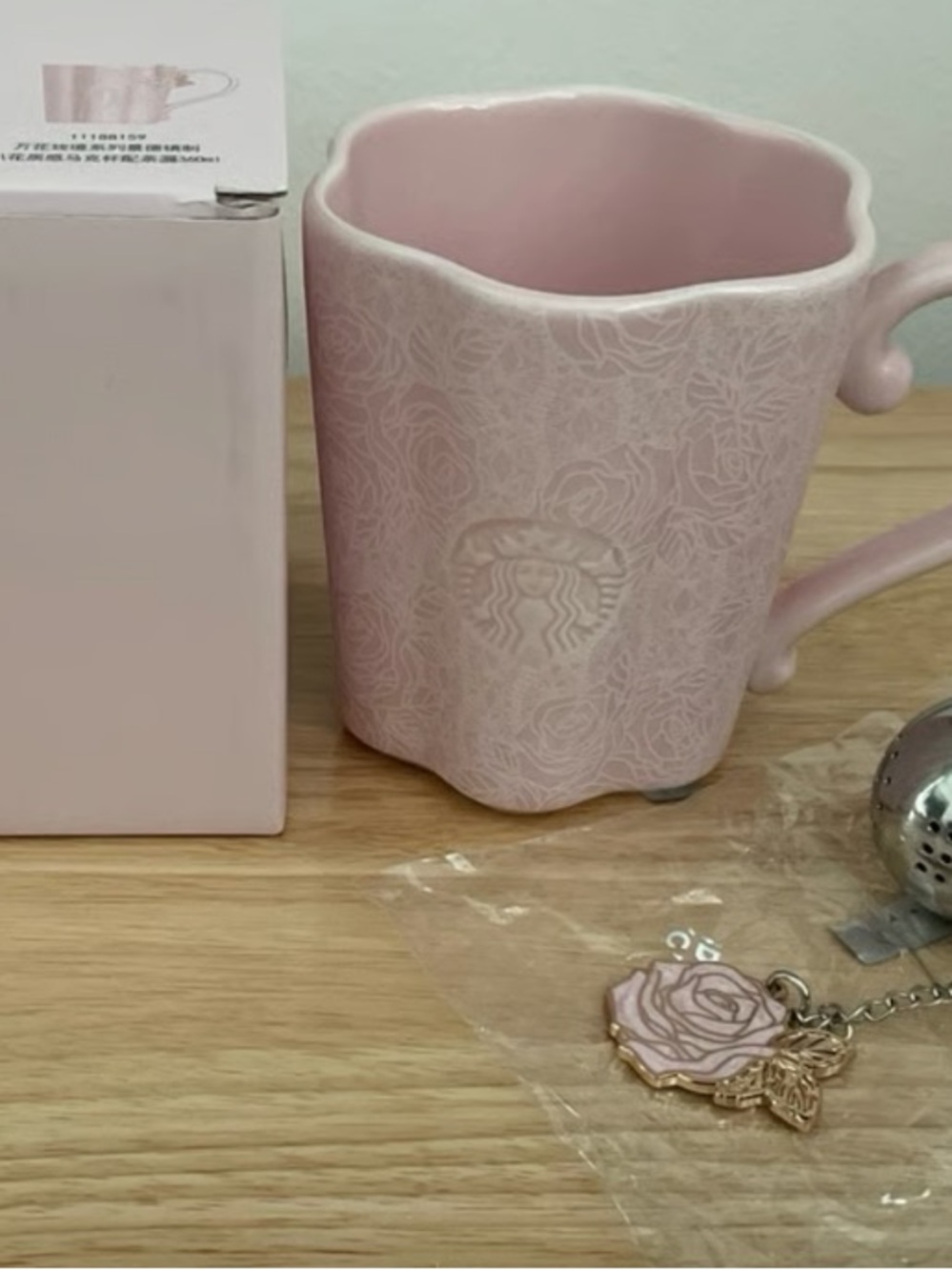 Starbucks Light Pink Floral Ceramic Mug with Rose Embossed Design